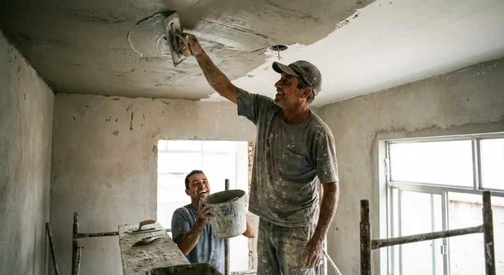 Gesseiro aplicando gesso em teto de uma sala em Diadema, com ferramentas de trabalho e foco na qualidade do acabamento.
