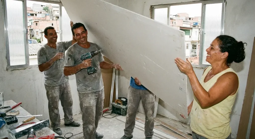 Instalador de drywall finalizando forro em residência na região de Diadema.