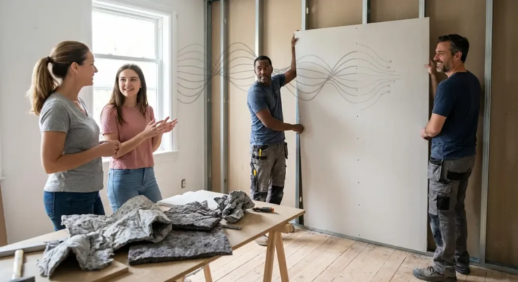 Placas de drywall sendo instaladas para isolamento acústico em uma parede interna.