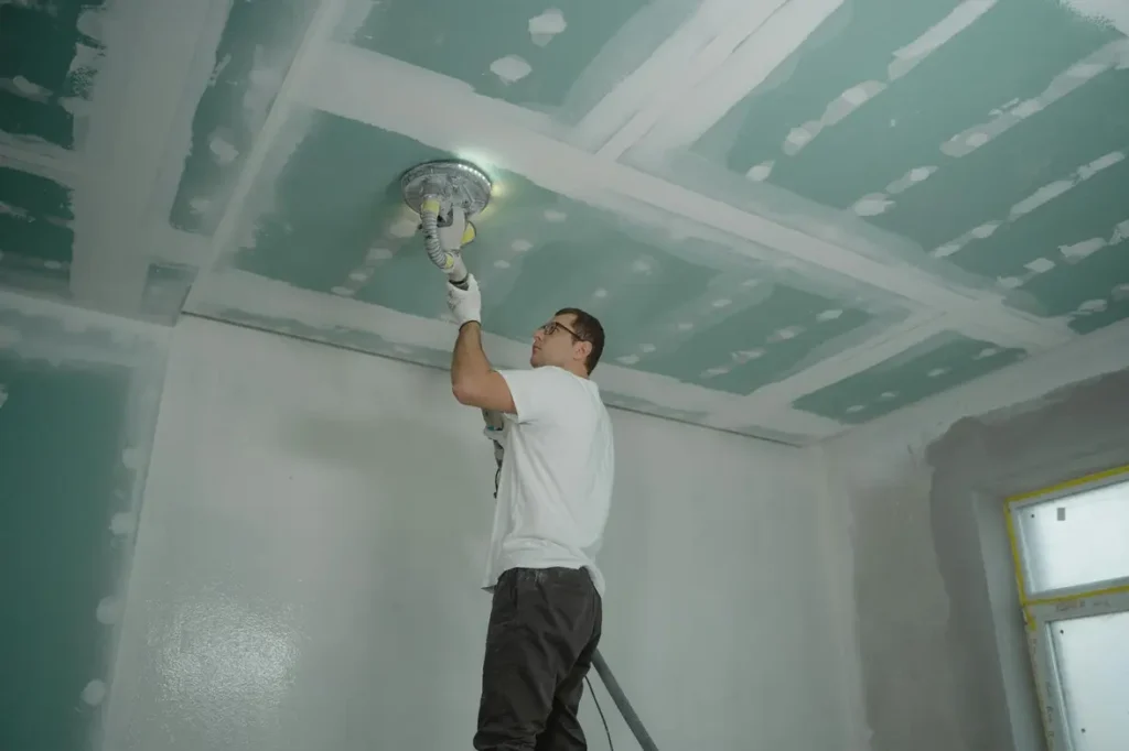 Profissional instalando uma divisória de drywall em um ambiente comercial em Diadema.