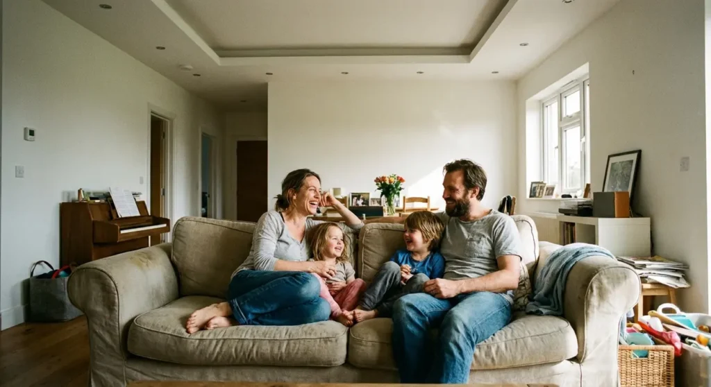 Detalhe de um teto rebaixado em gesso com iluminação de LED em uma sala de estar.