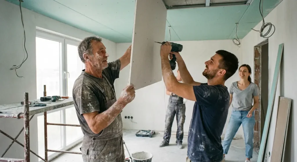 Gesseiro em São Paulo realizando a instalação de um acabamento de gesso no teto.