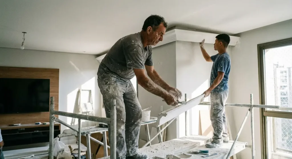 Gesseiro no ABC Paulista realizando a instalação de acabamento em gesso no teto.