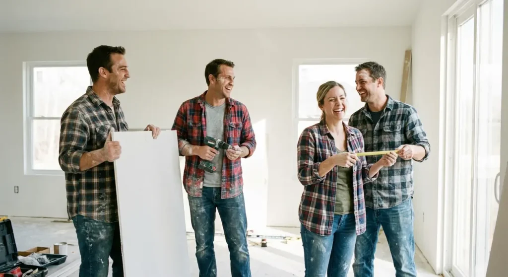 Instalador profissional montando uma parede de drywall em uma reforma em Diadema.
