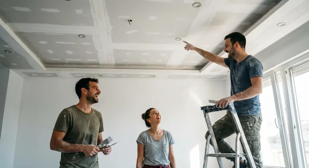 Teto de sala de estar moderna com forro de drywall e projeto de iluminação embutida.