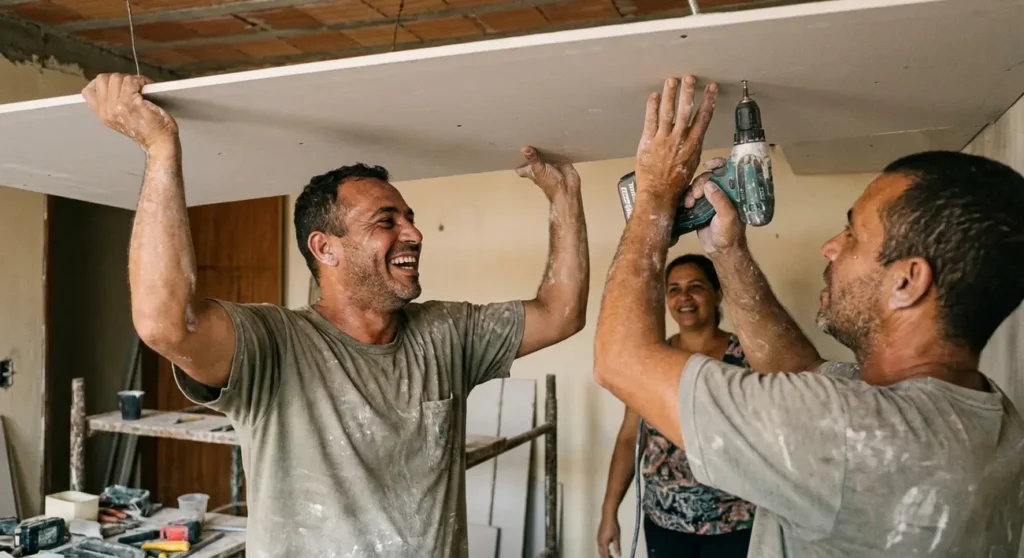 Gesseiro instalando forro de gesso acartonado (drywall) em um teto, representando uma empresa de gesso em Diadema.
